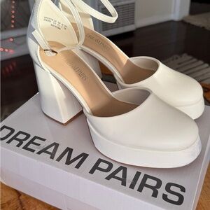Dream Pairs Women's White Platform Block Heels